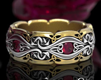 Sterling 10K Gold Mens Mushroom Ring, 2-tone & Ruby Mushroom Ring, Groom's Irish Mushroom Ring, Botanical Wedding Ring, Plant Medicine, 1750