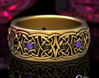 Mens  Knotwork Ring, Gold Amethyst Mens Ring, Amethyst Celtic Wedding Band, Mens White Gold Celtic Ring, Mens Platinum Irish Ring, 1823