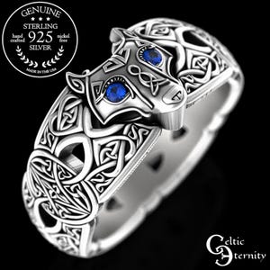 Celtic Wolf Ring, Sapphire Eye Wolf Ring, Sterling Wolf Ring, Wolf Wedding Ring, Silver Viking Ring, Viking Wolf Ring, Men&#39;s Wolf Ring, 1744