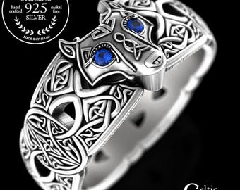 Celtic Wolf Ring, Sapphire Eye Wolf Ring, Sterling Wolf Ring, Wolf Wedding Ring, Silver Viking Ring, Viking Wolf Ring, Men's Wolf Ring, 1744
