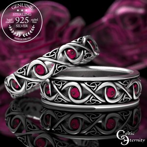 Anillo de bodas celta con rubíes a juego, alianzas de boda infinitas para él y para ella, anillo de bodas celta de plata de ley, alianza de boda con rubíes, anillo Trinity, 1409 1410