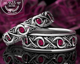 Matching Celtic Ruby Wedding Set, His Her Infinity Wedding Bands, Sterling Celtic Wedding Ring, Ruby Wedding Band, Trinity Set, 1409 1410