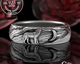 Sterling Wolf Howling at the Moon Ring, Silver Crescent Moon with Tree Bark Texture, Wolf Totem Spiritual Jewelry, Lone Wolf Warrior, 3288