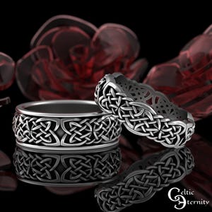 Classic Matching Irish Knotwork Wedding Band Set, Sterling His Hers Woven Celtic Pattern Rings, Silver Couples Knot Wedding Rings, 3210 1402