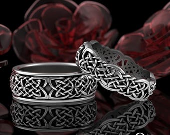 Classic Matching Irish Knotwork Wedding Band Set, Sterling His Hers Woven Celtic Pattern Rings, Silver Couples Knot Wedding Rings, 3210 1402