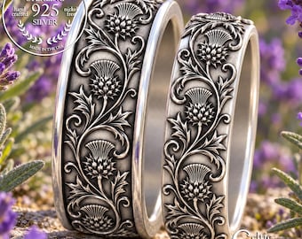 Matching Sterling Thistle Wedding Ring Set, His Hers Celtic Heritage Wedding Bands, Irish Flower Anniversary Set, Scottish Jewelry 3349 3352