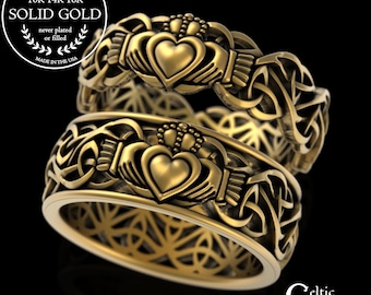 Matching Bride Groom Claddagh Ring Set, 10K His Hers Handfasting Wedding Rings, 14K Yellow Gold Scottish Cladach Wedding Bands, 3236 3237