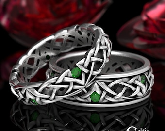 Matching Wedding Band Set, Sterling + Emerald Wedding Rings, Wedding Ring Set, His Hers Emerald Wedding Ring Set, Celtic Rings, 1505 1506