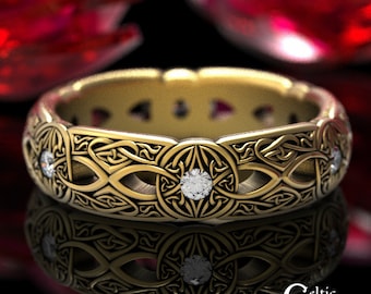 10K Moissanite Celtic Ring, 14K Gold Celtic Ring, 18K Celtic Wedding Ring, Womens Gold Wedding Band, Women White Gold Celtic Ring, 1805