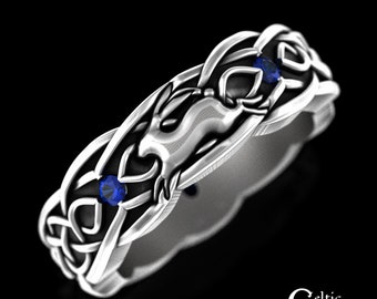 Sapphire Rabbit Wedding Ring, Sterling Celtic Rabbit Ring, Irish Hare Ring, Year of the Rabbit, Rabbit Zodiac Ring, Lucky Bunny Ring, 1679