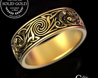 Gold Groom's Koi & Ocean Waves Wedding Band, Platinum Japanese Zen Ring, 14K White Gold Men's Fish Anniversary Ring, 2102