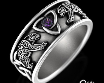 Alexandrite Bear Wedding Band, Sterling Viking Mens Ring, Silver Scottish Bear Ring, Mens Alexandrite Celtic Ring, Irish Knotwork, 3102