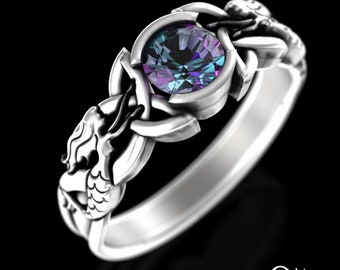 Alexandrite Mermaid Ring with Trinity Knots, Sterling Silver Irish Sea Maiden Solitaire Ring, Celtic Siren Ring, Mermaid Engagement, 3134