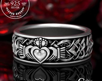Sterling Silver Mens Claddagh Ring, Mens Claddagh Ring, Mans Irish Wedding Band, Silver Irish Heart Ring, Claddagh Wedding Ring, 1890