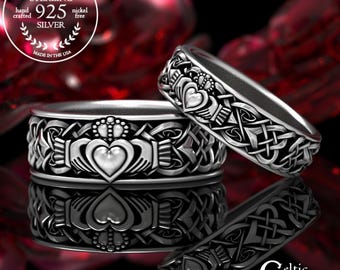 Sterling Silver Claddagh Ring Set, His Hers Claddagh Set, Matching Irish Heart Rings, Irish Wedding Band Set, Silver Claddagh, 1890 1891