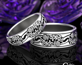 Matching Sterling Ring Set, Thistle Wedding Ring Set, Scottish Wedding Rings, Celtic Thistle Wedding Rings, Silver Irish Thistle, 1934 1778