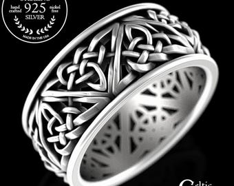 Mens Wide Celtic Band, Sterling Heart Knot Ring, Heavy Irish Wedding Band, Silver Woven Ring, Braided Heart Wedding Ring, 925 Ring, 9105