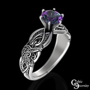 Alexandrite Bear Viking Engagement, Sterling Bridal Irish Bears Knotwork Wedding Ring, 1 Carat Silver Bear Solitaire Celtic Ring, 3176