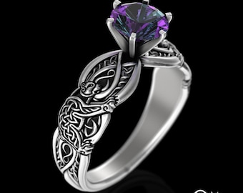 Alexandrite Bear Viking Engagement, Sterling Bridal Irish Bears Knotwork Wedding Ring, 1 Carat Silver Bear Solitaire Celtic Ring, 3176