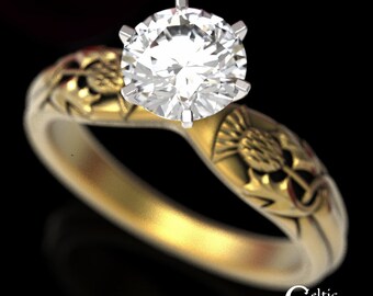 Gold Thistle Engagement Ring, 10K Scottish Thistle Ring, Moissanite Scottish Engagement Ring, 14K Thistle Wedding Ring, 14K Thistle, 1894