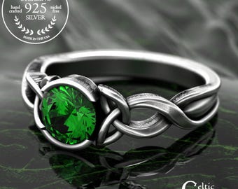 Trinity Celtic Bridal Engagement Ring, Sterling Knotwork with Cut-through Design, Silver Emerald Sapphire Amethyst Irish Wedding Ring, 1997