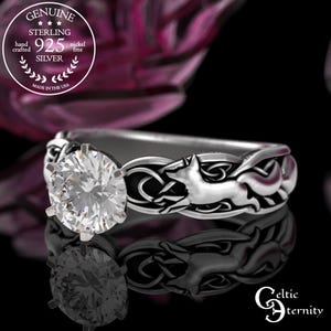 Bridal Fox Celtic Solitaire Ring, Moissanite Sapphire Emerald Foxes Engagement Ring, Sterling Ruby Irish Knotwork Wedding Ring with Fox,3234