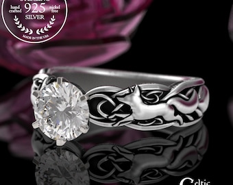 Bridal Fox Celtic Solitaire Ring, Moissanite Sapphire Emerald Foxes Engagement Ring, Sterling Ruby Irish Knotwork Wedding Ring with Fox,3234