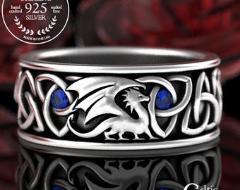 Norse Mens Dragon Ring, Sterling Sapphire Celtic Dragon Ring, Mens Viking Wedding Band, Celtic Dragon Wedding Ring, Irish Dragon Ring, 3053