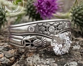 Moissanite Stacking Thistle Wedding Band Set, Sterling Celtic Engagement Ring + Accent Band, Silver Diamond Scottish Bridal Set, 1894 3340