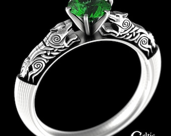 Emerald Engagement Ring, Celtic Wolf Engagement Ring, Silver Wolf Ring, Celtic Solitaire Ring, Wolf Wedding Ring, Wolf Engagement Ring, 1801