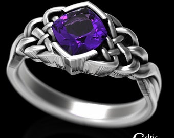 Celtic Engagement Ring, Cushion Cut Engagement Ring, Amethyst Engagement Ring, Sterling Amethyst Engagement, Unique Engagement Ring, 1311