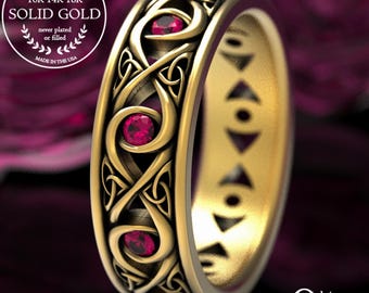 Celtic Gold Wedding Ring With Rubies, Infinity Knot Wedding Ring, Infinity Knot Ring With Ruby, Celtic Mens Wedding Ring, Gold Platinum 1410