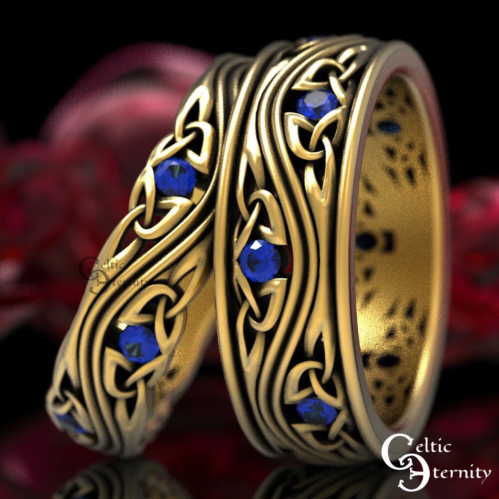 Matching Gold Wedding Ring Set, Sapphire Gold Wedding Bands, Platinum Wedding Ring, His Her