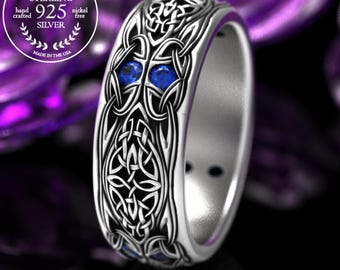 Mens Sapphire Knotwork Ring, Mens Sterling Silver Wedding Band, Sapphire Celtic Wedding Band, Sapphire Trinity Knot Ring, 1804