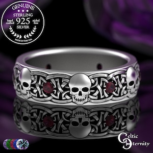 Sterling & Ruby Skull Wedding Band, Silver Gothic Men's Ring, Skeleton Jewelry, 3368