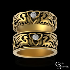 10K 14K Gold Matching Dragons Wedding Ring Set for Him & Her, 18K White Gold Moissanite Viking Nordic Dragon Wings Wedding Bands, 3052 3186
