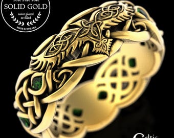 Womens Raven Wedding Band, 10K Gold Raven Ring, Emerald Gold Wedding Ring, 10K Irish Raven Ring, 10K Gold Raven Wedding Ring, 4728