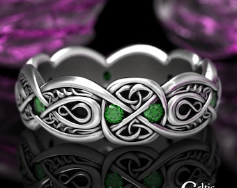 Forever Celtic Sterling Silver Infinity Ring with Emeralds, Eternity Wedding Band, Unique Green Irish Trinity Love Knot Wedding Ring, 1411