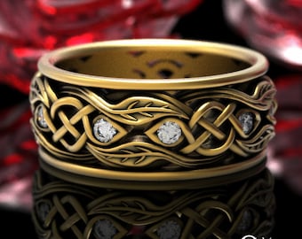 Moissanite Mens Leaf Botanical Wedding Ring, 10K 14K 18K Gold Scottish Nature Ring, White Gold or Platinum Leaves Irish Knotwork Band, 1964