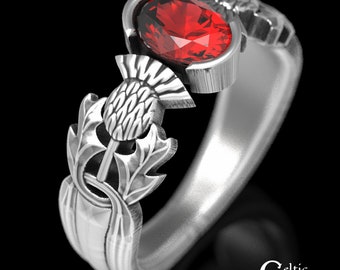 Thistle Engagement Ring, Sterling Silver Ruby Ring, Scottish Solitaire Ring, Ruby Thistle Engagement Ring, Scottish Engagement Ring, 1777