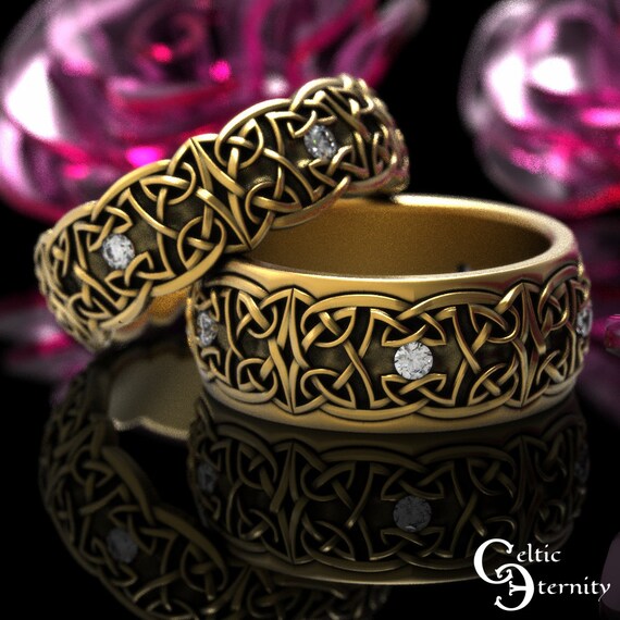 Gold & Moissanite Ring Set Matching Celtic Wedding Bands - Etsy
