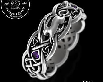 Amethyst Rabbit Ring, Sterling Rabbit Ring, Rabbit Wedding Ring, Celtic Rabbit Ring, Hare Ring, Rabbit Ring, Silver Bunny Ring, 4682
