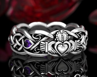 Classic Irish Claddagh Ring, Amethyst & Sterling Welsh Claddagh Ring, Ladies Silver Heart Hands Crown Ring, Amethyst Handfasting, 1684