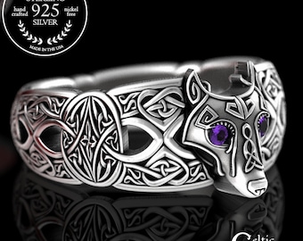 Amethyst Wolf Ring, Sterling Celtic Wolf Ring, Norse Wolf Ring, Wolf Wedding Ring, Viking Wedding Ring, Viking Wolf Ring, Men Wolf Ring 1744