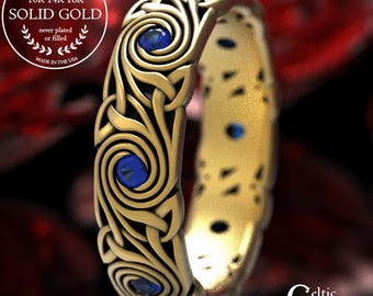 Celtic Trinity Ring, Gold Celtic Wedding Band, Gold & Sapphire Wedding Ring, Sapphire Platinum Ring, Gold Spiral Ring, Celtic Spiral, 1289