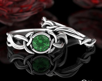 Emerald Engagement Ring Set, Bridal Trinity Knot Wedding Band & Solitaire, Sterling Irish Knotwork Wedding Pair, Matching Ring Set, 405 406