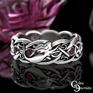 Ruby Irish Mermaid Ring, Sterling Mermaid Wedding Ring, Ruby Celtic Siren Ring, Scottish Mermaid Ring, Silver Ocean Wedding Band, Woman 3058