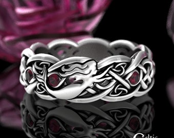 Ruby Irish Mermaid Ring, Sterling Mermaid Wedding Ring, Ruby Celtic Siren Ring, Scottish Mermaid Ring, Silver Ocean Wedding Band, Woman 3058