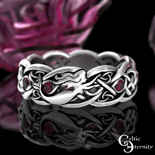 Ruby Irish Mermaid Ring, Sterling Mermaid Wedding Ring, Ruby Celtic Siren Ring, Scottish Mermaid Ring, Silver Ocean Wedding Band, Woman 3058