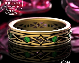 Gold Groom's Emerald Knotwork Wedding Band, 18K White Gold Celtic Men's Ring, Platinum Irish Woven Anniversary Ring, 2088
